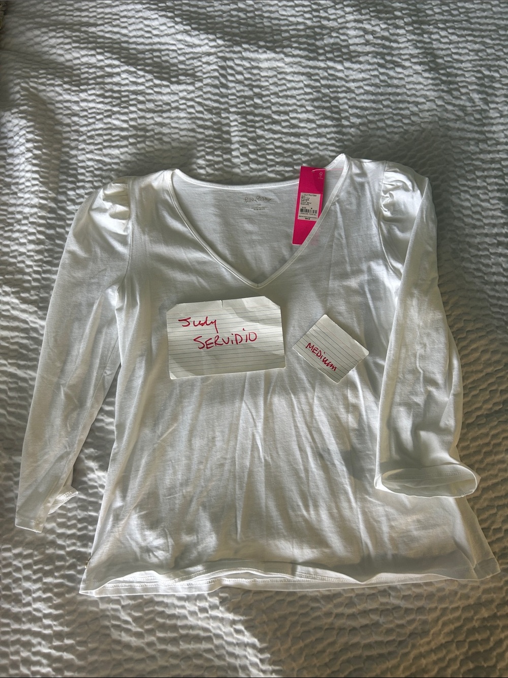 Lilly Pulitzer White V-Neck Long Sleeve Top with Puff Shoulders